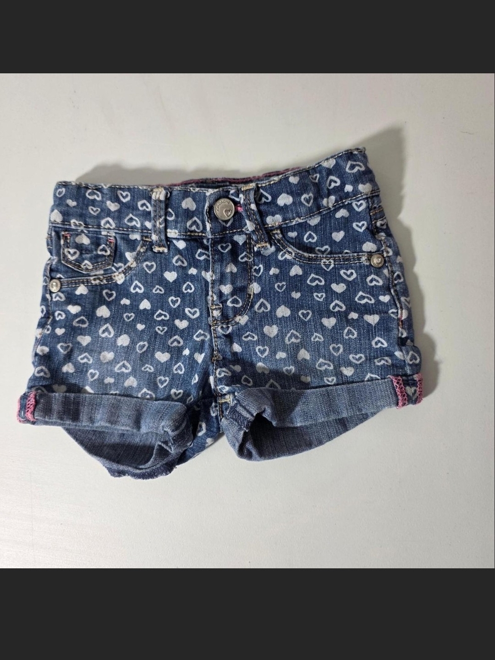 Jordache Blue Denim Heart-Print Roll Cuff Shorts with Pink Trim